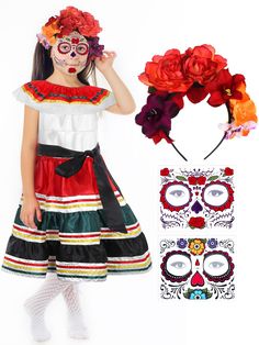 PRICES MAY VARY. Comprehensive Cinco De Mayo Costume Set: the Mexican costume set is comprehensive and elegant, containing meticulous details catering to the need of the user; Included within the package are 1 traditional Mexican dress accompanied by black belt, 1 floral headband, and 2 face tattoo stickers; This wonderful combination is ideal for special occasions like Cinco de Mayo, Day of the Dead, and serving as delightful party favors Reliable Quality: the Mexican dress for girls is expertl Frida Kahlo Costume Ideas, Family Olympics, Mayo Dress, Mexican Party Favors, Temporary Face Tattoos, Mexican Hairstyles, Rose Flower Headband, Traditional Mexican Dress, Baby Costumes Girl