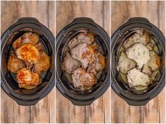 three different types of food in the same crockpot on top of each other