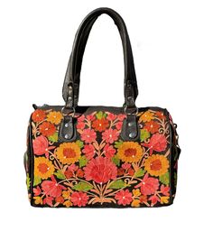 Kashmiri Embroidered Black Multi Color Large Sling Shoulder Faux Leather Handbag. Measurements: 13 inch by 10 inch by 5 Inch Embroidered Satchel With Double Handle, Black Embroidered Double Handle Shoulder Bag, Embroidered Black Shoulder Bag With Double Handle, Travel Satchel With Embroidered Double Handle, Embroidered Top Handle Shoulder Bag, Embroidered Double Handle Shoulder Bag, Embroidered Double Handle Satchel For Everyday Use, Black Floral Embroidered Tote Shoulder Bag, Black Embroidered Double Handle Bag