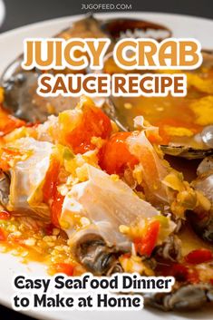 the cover of juicy crab sauce recipe is shown on a white plate with spoons