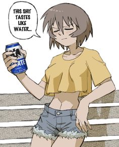 a cartoon girl holding a can of water in one hand and a cell phone in the other