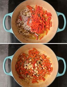 two pictures showing the same cooking process in different pans