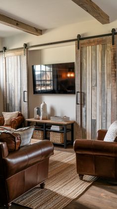 a living room filled with furniture and a flat screen tv mounted on the wall above it