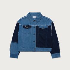 Colorblocked Shades Of Indigo Fringe Details HTG® Shank Button Front Closure Trucker Jacket Patch Work Denim, Patchwork Denim Jacket, Honor The Gift, Panel Jacket, Wavy Pattern, Patchwork Denim, Shank Button, Patch Work, Denim Patchwork