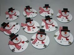 twelve snowmen with hats and scarfs on white plates, all decorated in red gingham