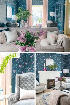 the living room is decorated in blue and pink tones, with floral wallpaper on the walls