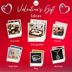 valentine's day gift ideas for her, including jewelry and flowers on red background