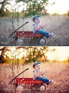 two pictures of a baby sitting in a red wagon and another photo of the same child