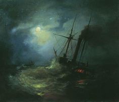 a painting of a ship in rough seas at night