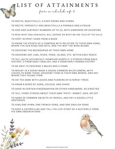 a poem written in white with flowers and butterflies on it that says list of attainments