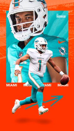 the miami dolphins football player is running with an orange and blue poster in front of him