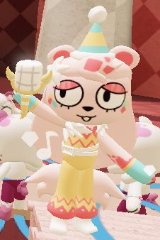 an animal crossing game with many characters in the background and one character wearing a party hat