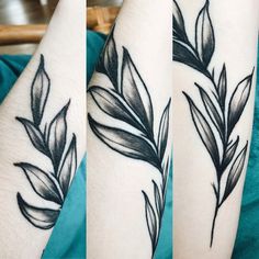 three different images of leaves on the arm, one is black and white in color