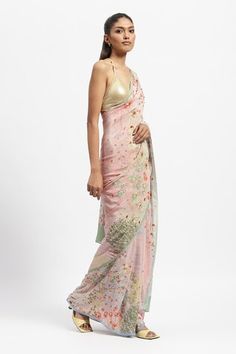 Soft pink saree featuring galaxy of flowers print embellished with tikki stones. Comes with a running blouse piece. - Aza Fashions Satya Paul, Pink Galaxy, Flowers Print, Pink Saree, Printed Sarees, Silk Crepe, Pink Silk, Blouse Piece, Aza Fashion