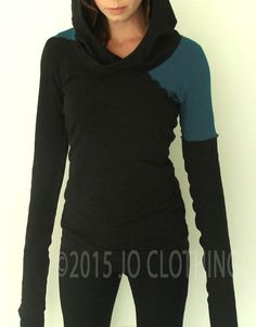 Hooded top/extra long sleeves/Black with Teal by joclothing Womens Hoodies, Hooded Top, Extra Long Sleeves, Hooded Tops, Extra Long, Cotton Spandex, Hoodies Womens, Autumn Fashion, Long Sleeves