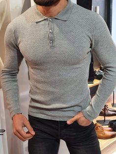 Polo Shirt Style, Mens Fashion Sweaters, Knitwear Sweater, Outfit Uomo, Fashion Sweaters, Mens Casual Dress Outfits, Fresh Outfits, Fitted Turtleneck, Sweater For Men