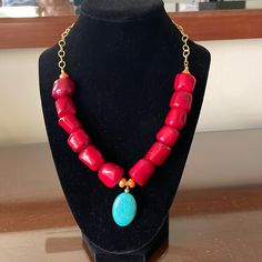 Statement Necklace Purchased From Macy’s, Red Chunky Beads With Turquoise Pendant, Gold-Toned Chain, 19” End To End, Oyster Clasp , Worn Only To Try On So Essentially Brand New Vibrant Red Jewelry With Colorful Beads, Vibrant Red Beaded Necklace For Gift, Red Natural Stones Beaded Necklace, Adjustable Turquoise Necklace With Colorful Beads, Handmade Vibrant Red Beaded Necklaces, Handmade Vibrant Red Beaded Necklace, Vibrant Red Handmade Beaded Necklace, Vibrant Red Beaded Necklace, Macys Jewelry