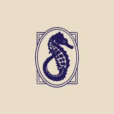 a blue and white sea horse logo on a tan background