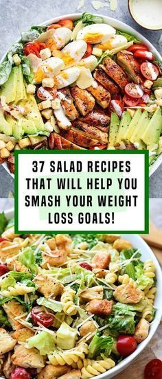 three salads with the words 37 salad recipes that will help you smash your weight