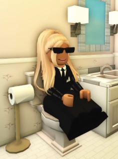 a cartoon character sitting on top of a toilet in a bathroom next to a sink