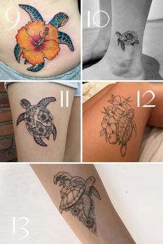 four different tattoos on the legs of people with flowers and turtle tattoo designs on them