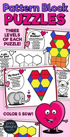 the pattern block puzzles for kids is shown with instructions to make them look like they are playing