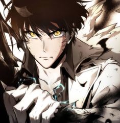 an anime character with yellow eyes and black hair, holding his hand on his chest