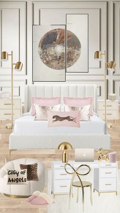 a bedroom with white furniture and gold accents