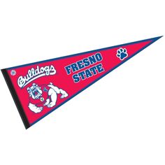 a red and blue pennant with the words fresno state on it's side