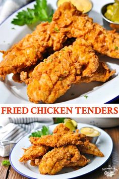 fried chicken tenders on a plate with dipping sauce