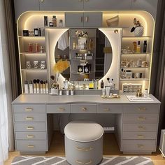 a vanity with lighted shelves and stool in front of it, along with a large mirror