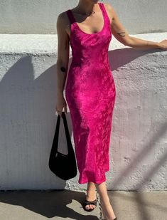 Market Midi Dress | Fuchsia Jacquard – Rumored Pink Midi-length Bias Cut Slip Dress, Tulle Midi Dress, Sequin Midi Dress, Knit Outerwear, Favorite Daughter, Vintage Bride, Pleated Midi Dress, Beautiful Life, The 90s