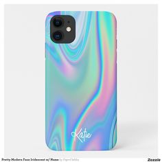 an iphone case with the name kate on it in holographic colors and white lettering