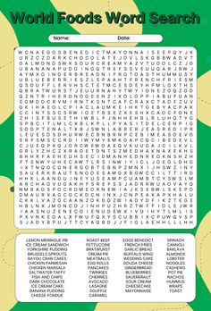 the word search page for world foods word search is shown in green and yellow colors