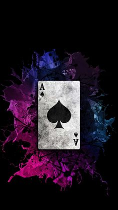 an ace playing card on a black background with purple and blue paint splatters