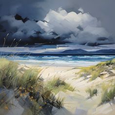 an oil painting of sand dunes and grass on the beach with storm clouds in the background