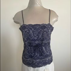 Kay Celine New With Tags! Blue Lace Tank Top With White Trim Size Xl Fits 10/12 Blue Fitted Lace Top, Fitted Blue Lace Top, Sleeveless Blue Lace Tops, Blue Lace Sleeveless Tops, Blue Lace Tops For Spring, Chic Blue Camisole Top, Blue Casual Lace Top, Elegant Navy Sleeveless Top, Chic Blue Lace Top