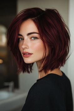 Cherry Red Bob, Black Roots Red Hair, Bold Haircut, Red Bob Haircut, Modern Disco, Black Cherry Hair Color, Red Bob Hair, Black Cherry Hair, Cherry Hair Colors