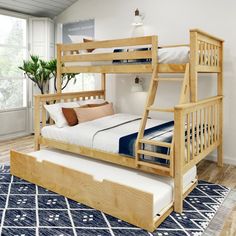 a wooden bunk bed sitting on top of a blue rug in a bedroom next to a window