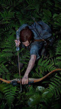 a man with a bow and arrow is in the woods surrounded by green ferns, looking down at him