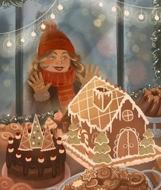 a painting of a woman standing in front of a gingerbread house