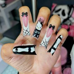 Skeleton Nails, Hello Kitty Skeleton, Hello Kitty Products, Halloween Hello Kitty, Holloween Nails, Kitty Nails, My First Halloween, Halloween Acrylic Nails, Duck Nails