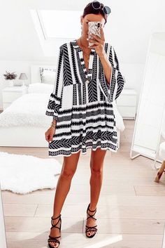 Black Geometric Print V Neck Flare Half Sleeve Ruffle Swing Mini Dress Black Tunic Mini Dress For Summer, Black Printed Mini Dress For Brunch, Ruffle Design, Neck Ruffle, Best Fashion, Shoe Size Chart, White Shoes, Half Sleeve, Fashion Online Shop