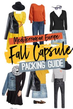 the cover of mediterranean europe's fall capsule packing guide, featuring clothes and accessories