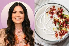 a woman standing next to a plate of food with bacon on it and a fork