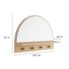 a wooden shelf with three drawers and a mirror on it's side, measurements for the