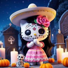 a cat with a mexican hat and skeleton figurine next to candles