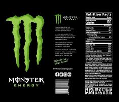 the label for monster energy drink is shown in black and neon green, on a dark background