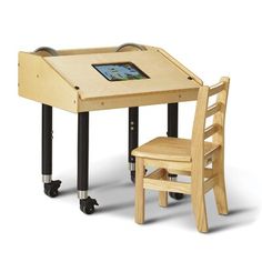 a wooden table and chair with an ipad on it's back end, in front of a white background