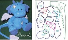 a blue stuffed animal next to a cut out pattern